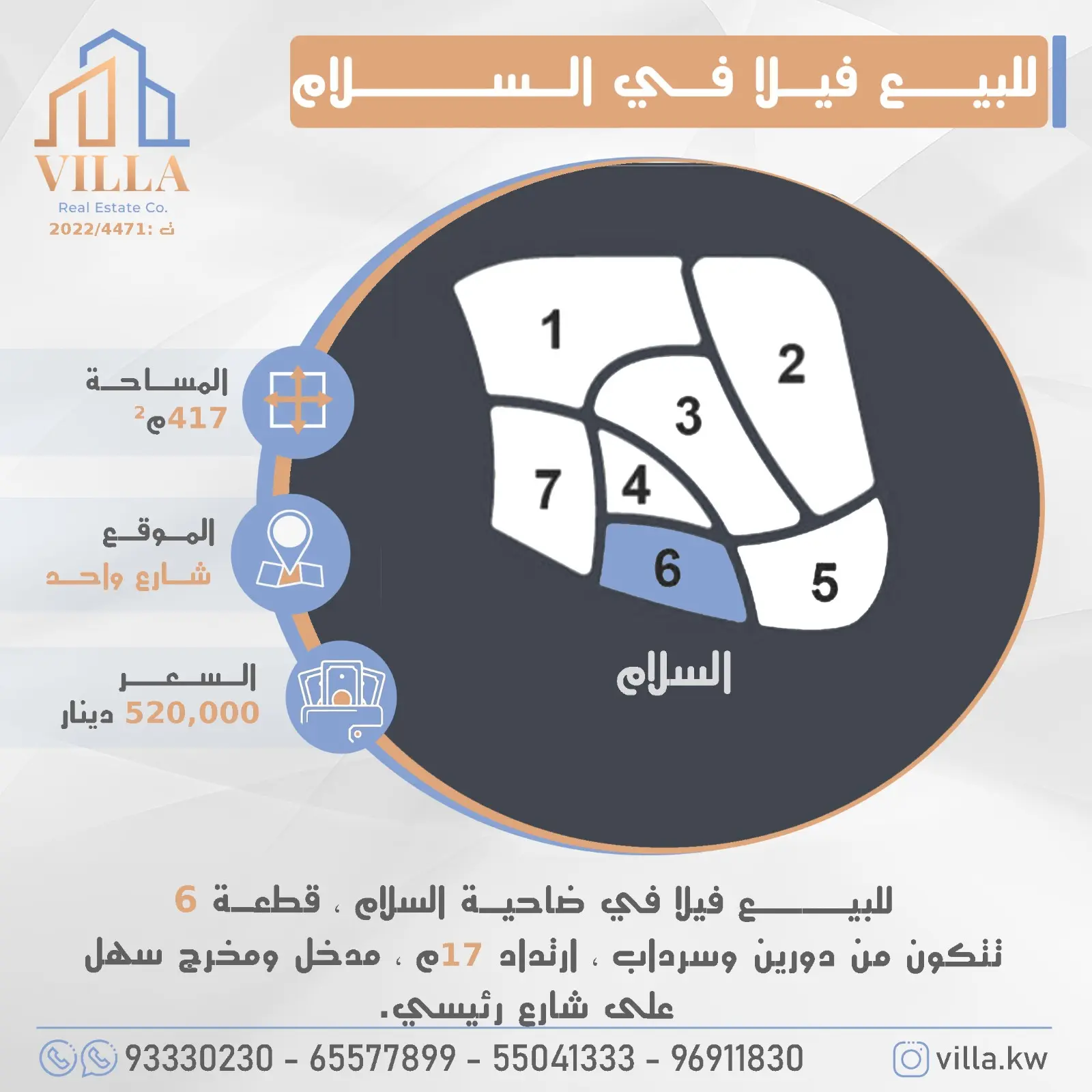 للبيع فيلا في ضاحية #السلام ، قطعة 6 ، المساحة 417م ، الموقع شارع واحد ، تتكون من دورين وسرداب ، ارتداد 17م ، مدخل ومخرج سهل على شارع رئيسي.   السعر 520,000 د.ك