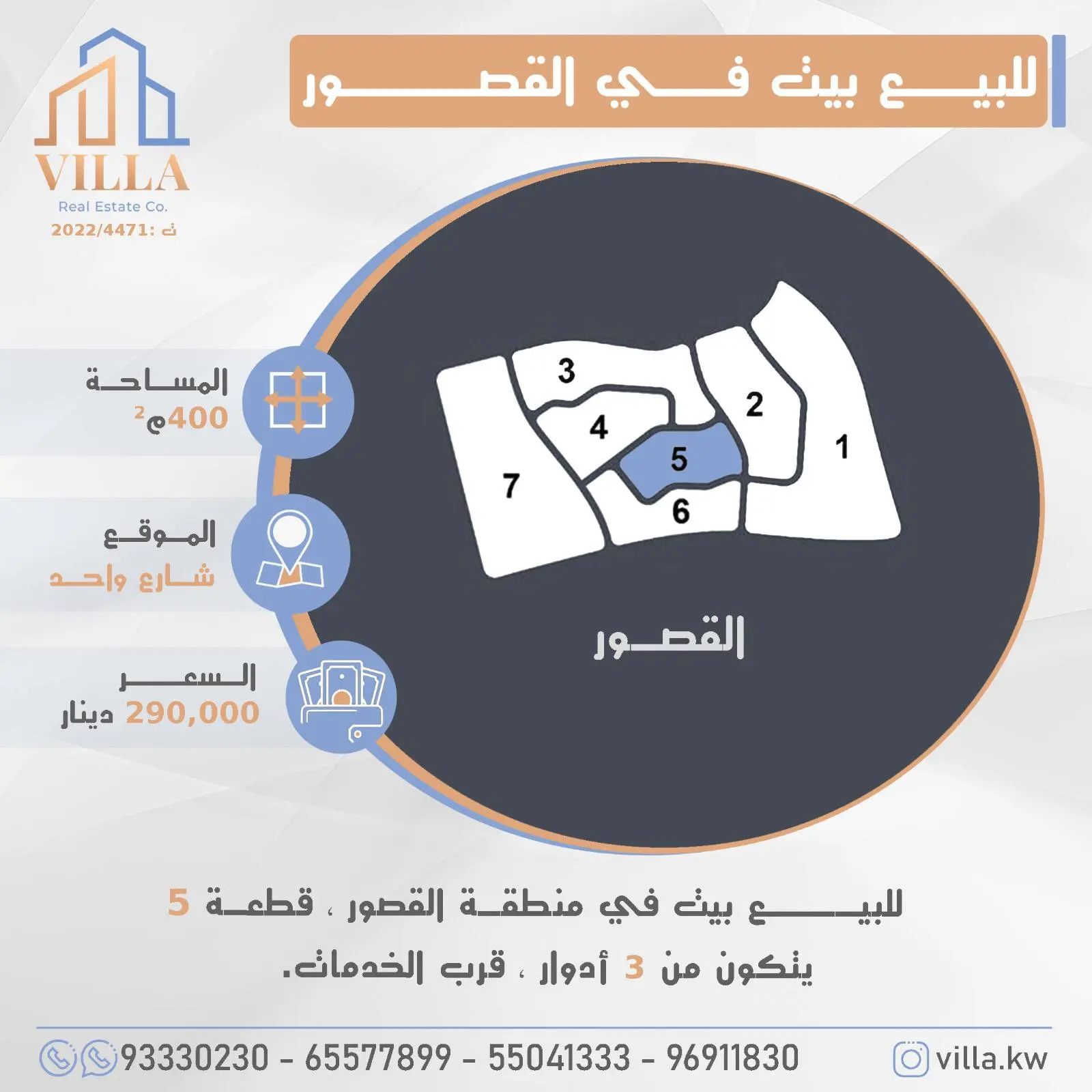للبيع بيت في منطقة القصور  قطعة 5 ، شارع واحد، مساحة 400 متر، يتكون من 3 أدوار قرب خدمات، مدخل ومخرج سهل