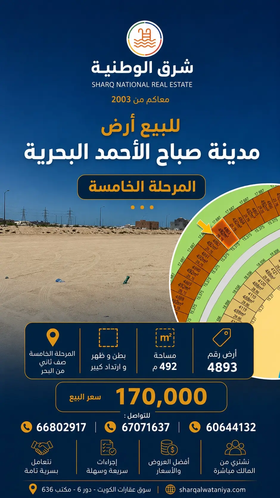 للبيع ارض بطن و ظهر صف ثاني من البحر المرحلة الخامسة
