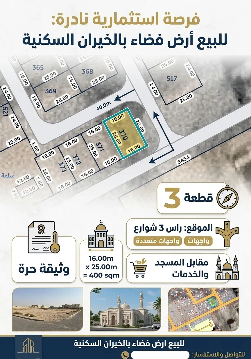 للبيع ارض بالخيران راس 3 شوارع 