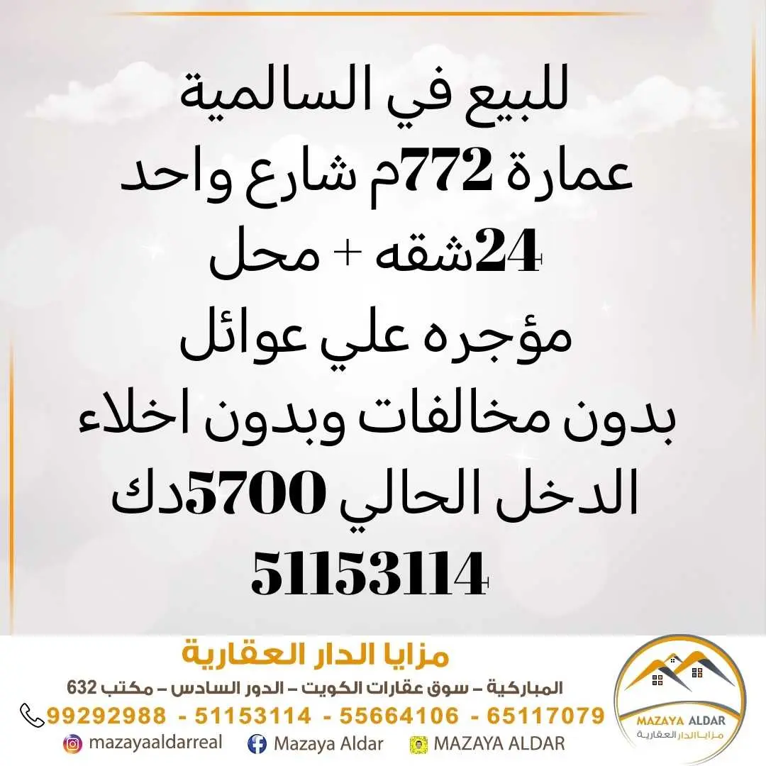 للبيع في السالمية بناية 772م 