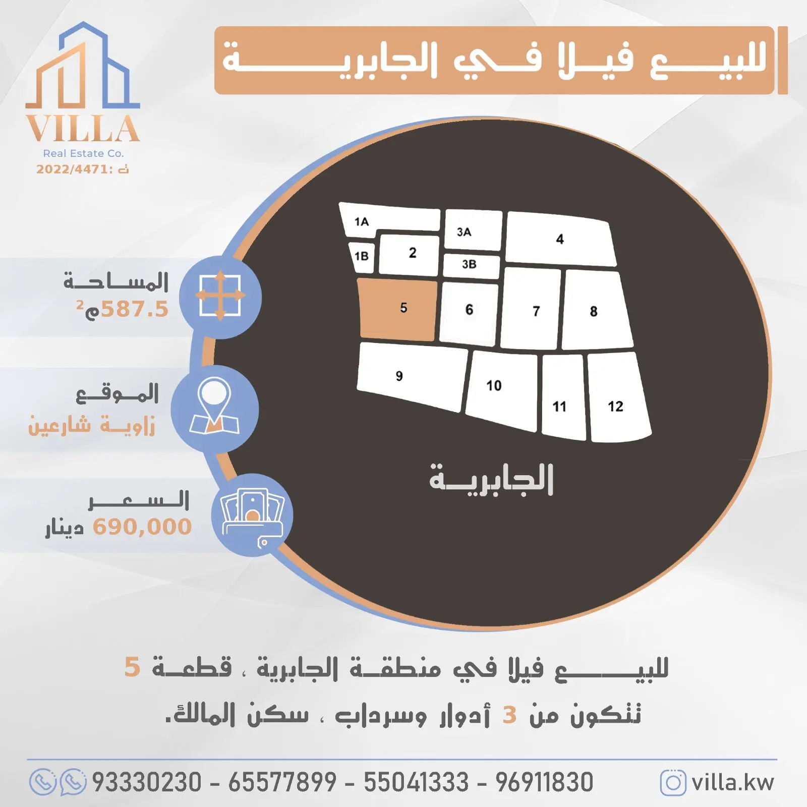 للبيـع فيلا في منطقة الجابرية  قطعه/ 5 الموقع / زاوية شارعين  المساحة / 587.5 م  تتكون من 3 أدوار وسرداب