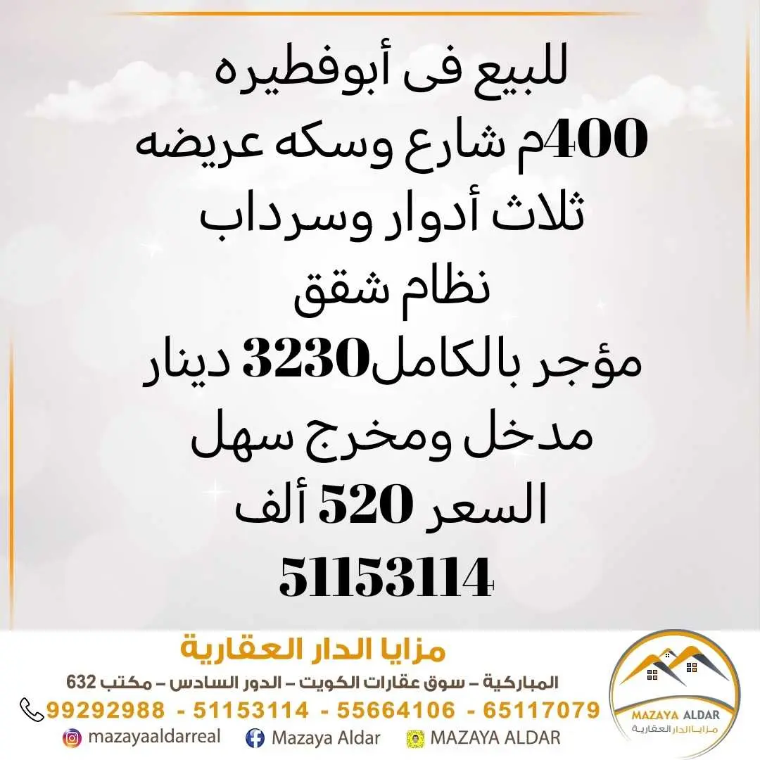 للبيع في ابو فطيره ٤٠٠م مدخول