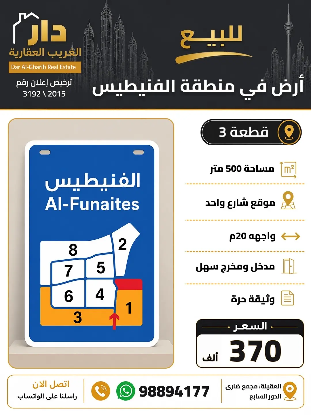 للبيع ارض في الفنيطيس 500 متر