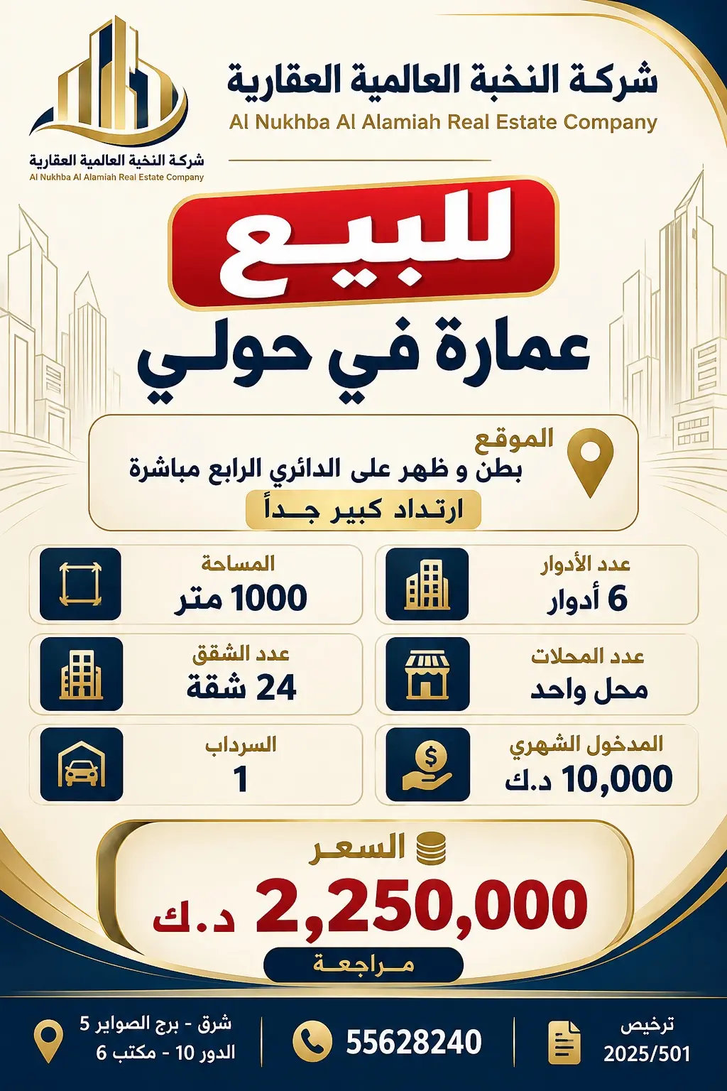للبيع عماره بحولي 1000 متر بطن وظهر