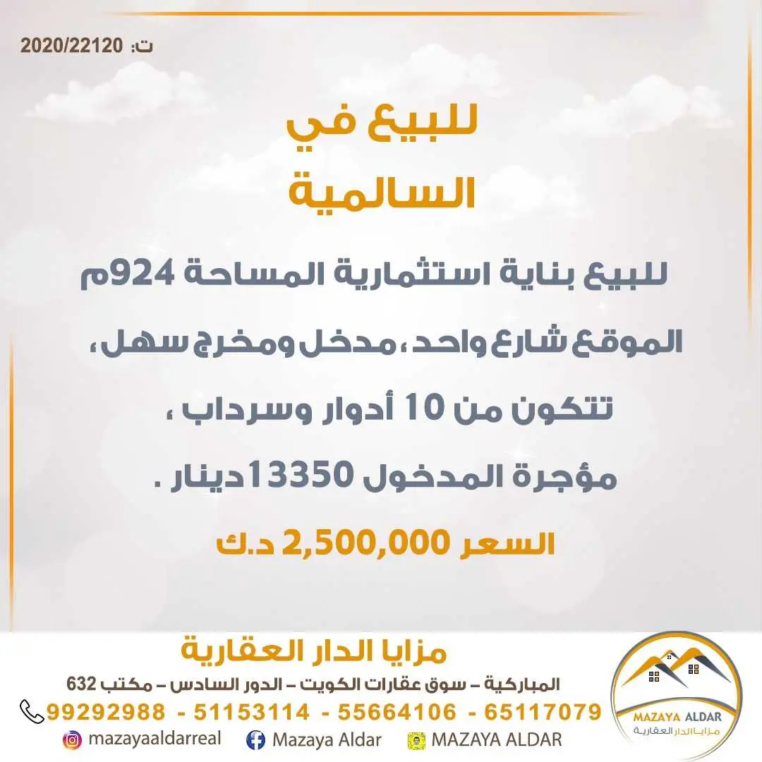 للبيع بناية في منطقة السالمية 